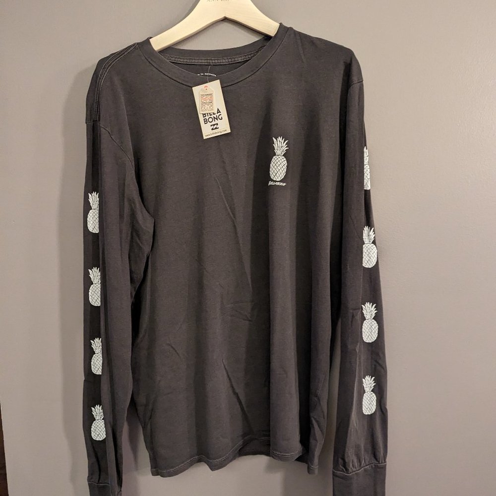 New Billabong Long Sleeve Graphic T-Shirt - Grey with Pineapple - Size Small
